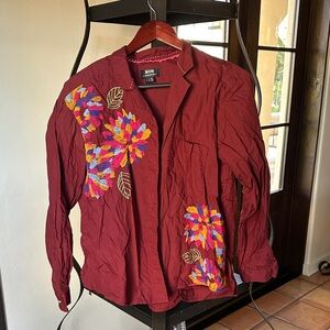 Anthropologie- Embroidered Maroon Button-Up Shirt